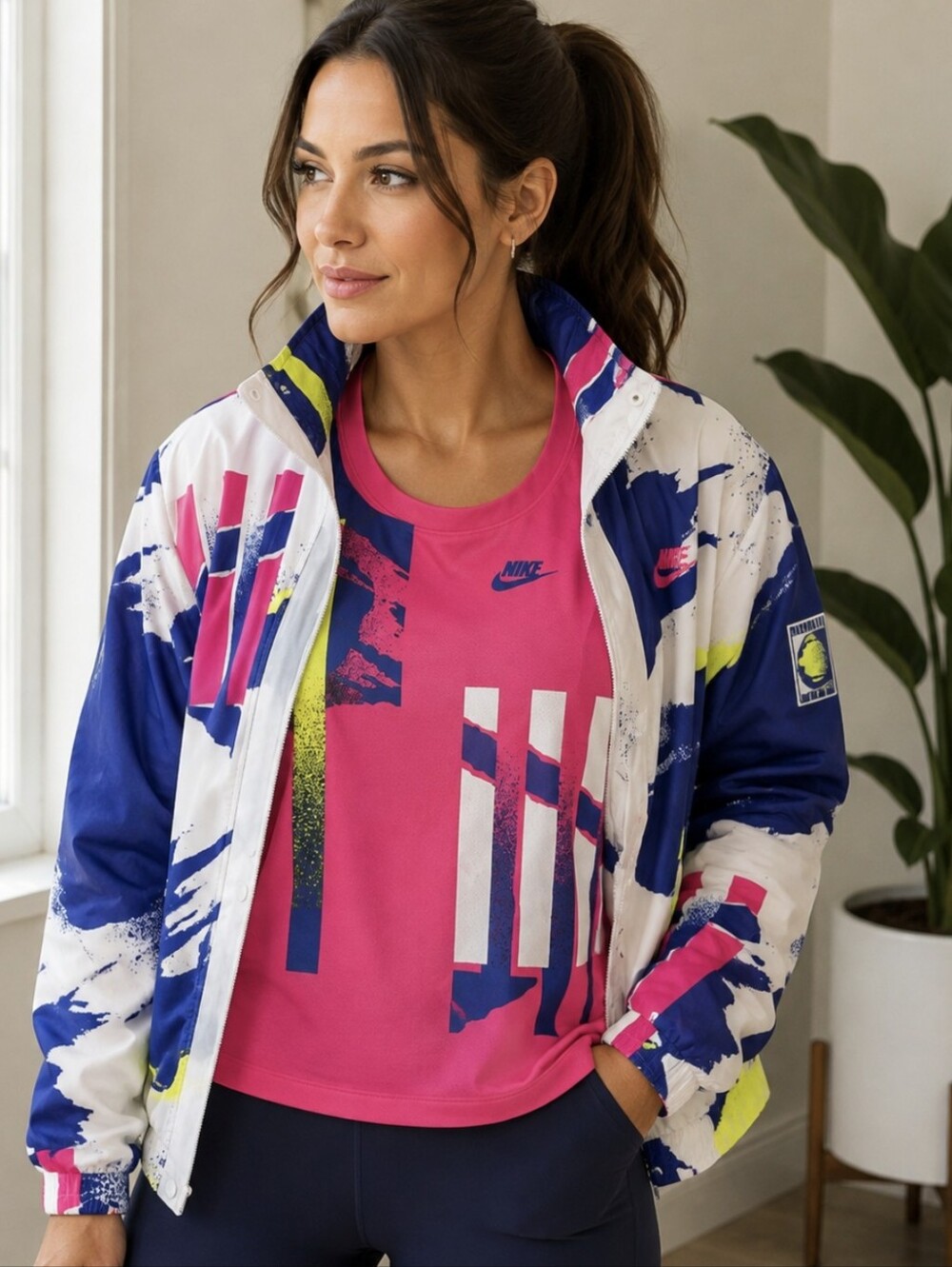 Nike 2 Piece Pink & Blue Graphic Jacket  w/ Tank Set - Size Medium